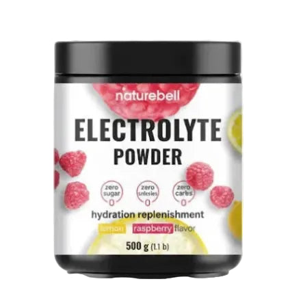 NatureBell Electrolyte Powder container with raspberry flavor on a white background